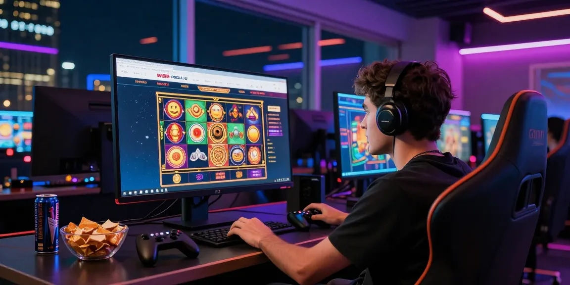 Vibrant we88 PGSLOT gaming scene with player engaged at computer screen.