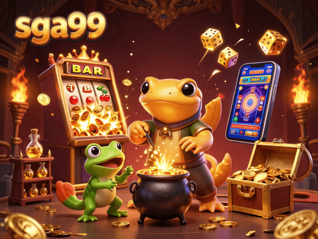 Experience the magic of sga99 with dynamic slot machines, gold coins, and charming alchemists.