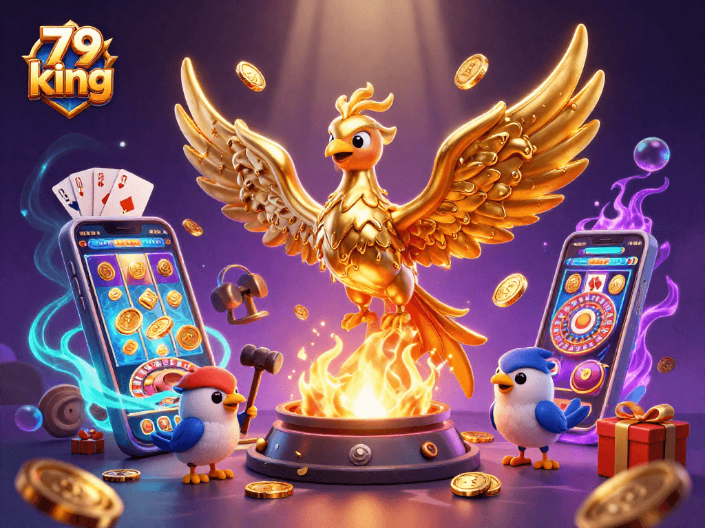 Experience thrilling gameplay with 79 king's dynamic casino scene featuring golden phoenix and slot games.