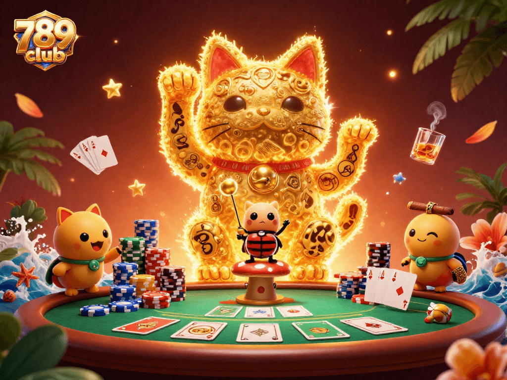 Experience excitement at 789 club with golden fireflies and poker chips in vibrant casino illustration.