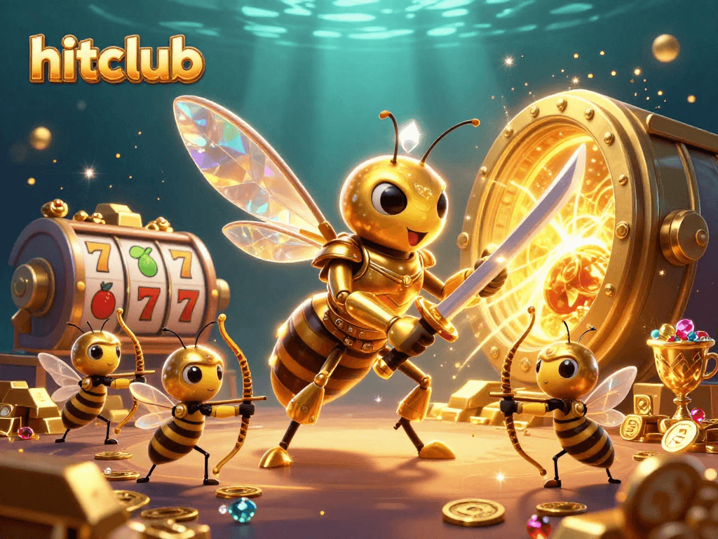 Experience thrilling jackpots at hitclub with slot reels surrounded by treasure and crypto-themed characters.