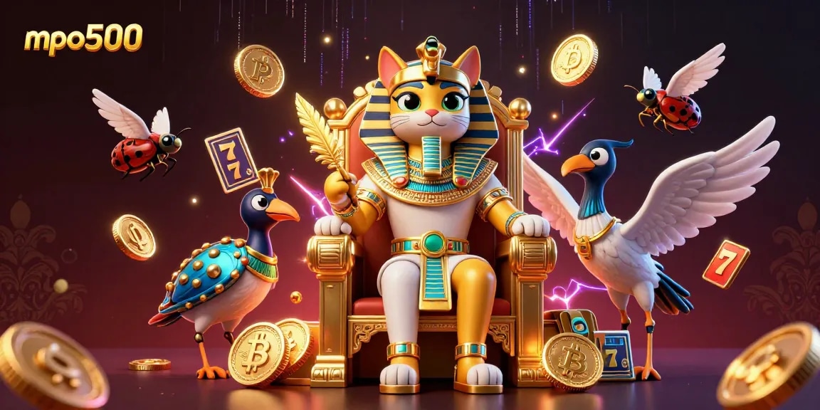 Experience high-energy gameplay with mpo500, showcasing slot reels and dynamic Egyptian-themed characters.