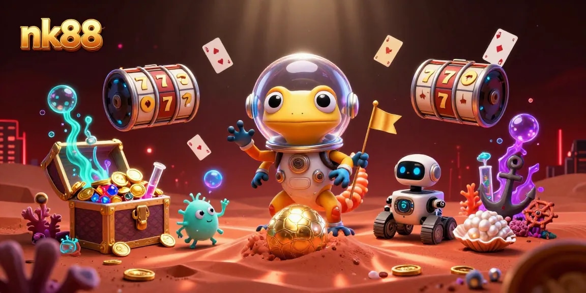 Engage in the thrilling world of nk88 with a vibrant casino scene featuring colorful slot reels.
