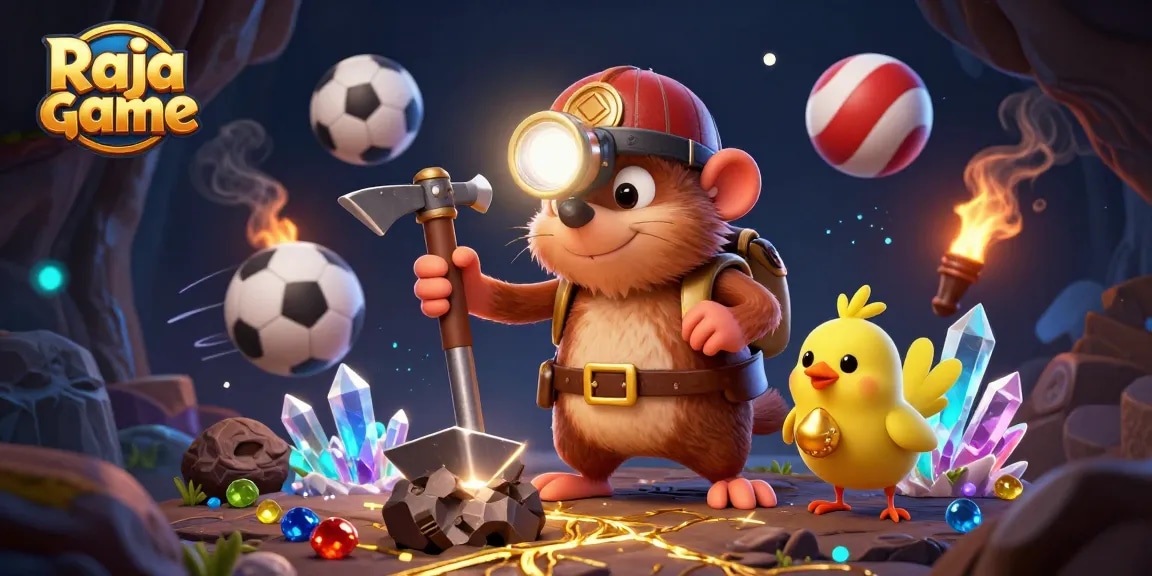 Play exciting games at Raja game amidst a treasure hunt scene full of animated elements.