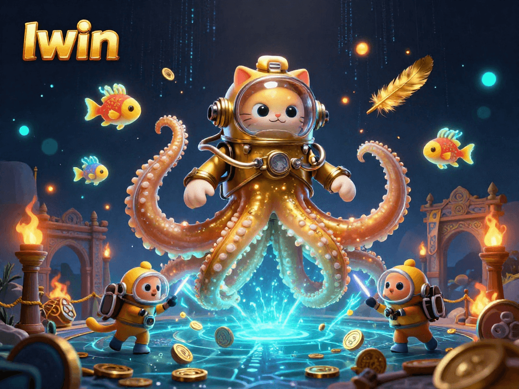 Iwin engagement with a vibrant 3D kraken scene filled with gold coins and whimsical characters