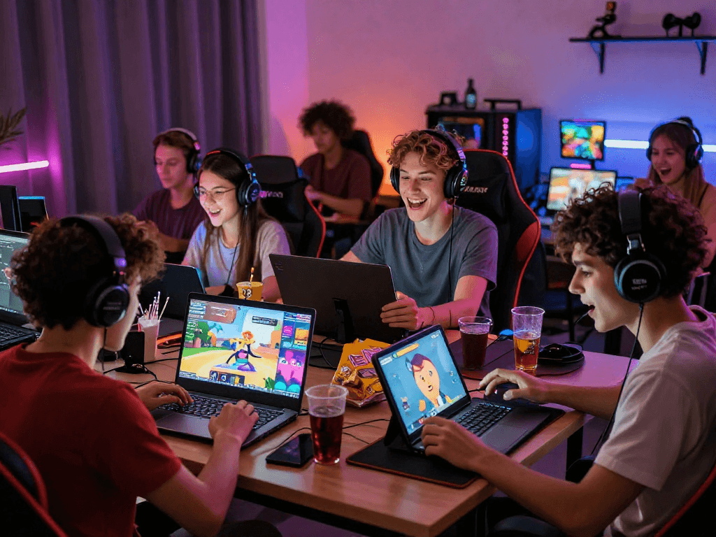 Group enjoying sex games on devices in a vibrant gaming environment