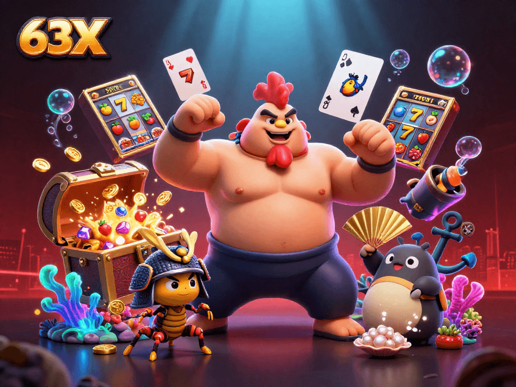 63X mergulha em um cassino vibrante com personagens interagindo e elementos de jogos dinâmicos na cena.
