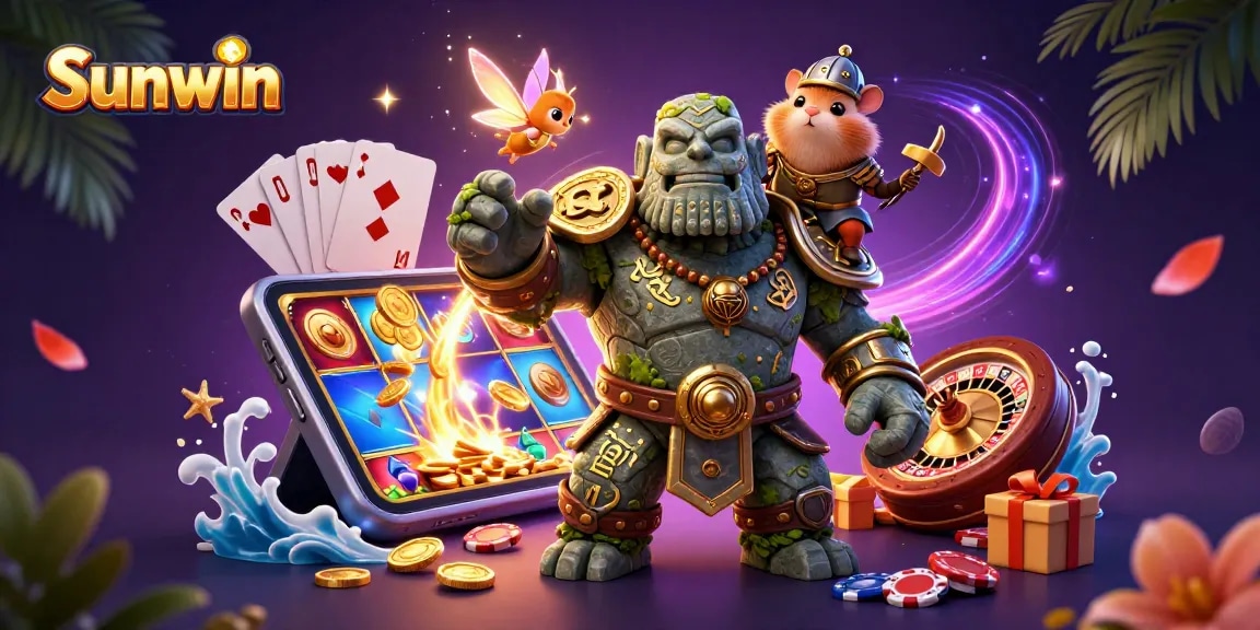 Spin and win big with Sunwin featuring a magical golem and charming characters in a vibrant casino scene.