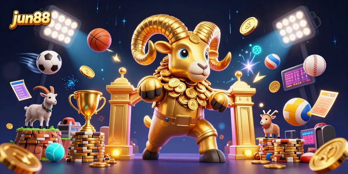 Experience thrilling betting action at jun88 with a golden ram charging through sports excitement and winning moments.