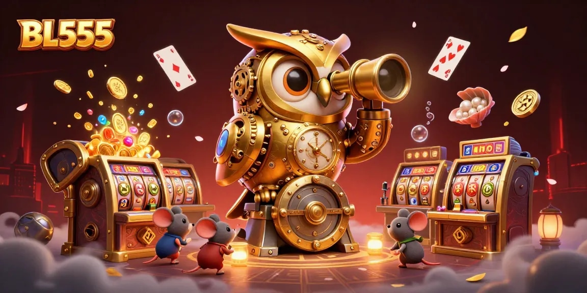 Experience thrilling gameplay at BL555 featuring a golden owl surveying a bustling casino.