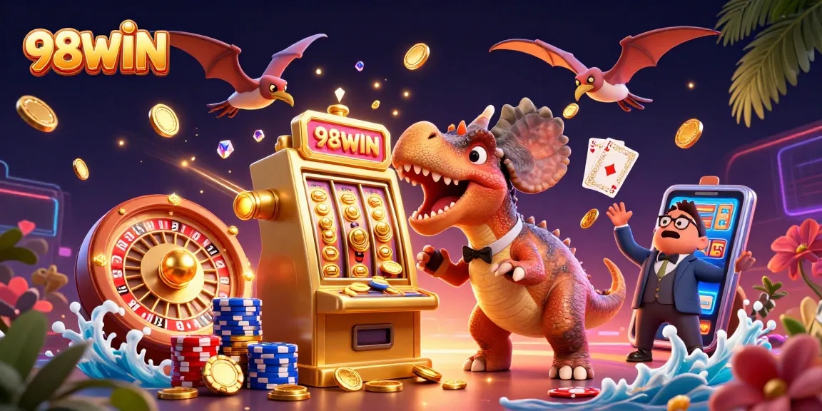 Headbutting a golden slot machine, 98WIN characters capturing the excitement of gambling.