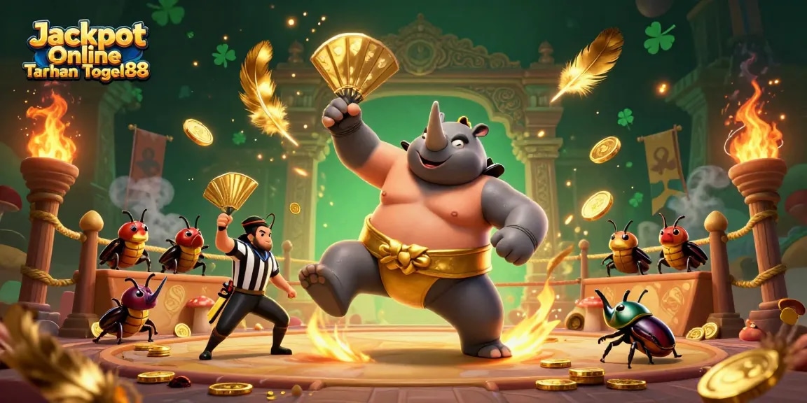 Jackpot Online Taruhan Togel88 showcases a vibrant gambling atmosphere with beetle champions amidst flying coins and dynamic gaming elements.
