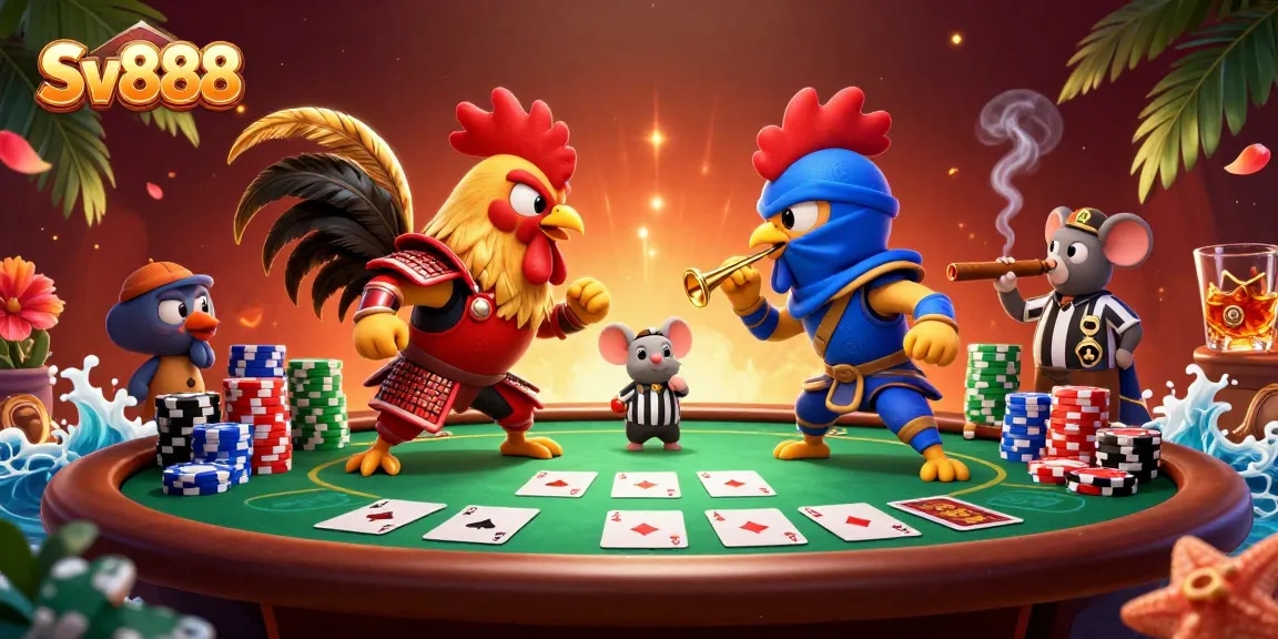 Engage in thrilling gameplay at Sv888 with epic rooster battles at a vibrant poker showdown.