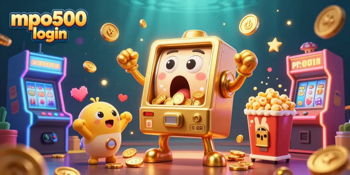 Win big with mpo500 login in this vibrant casino-themed 3D illustration featuring animated slot machines.