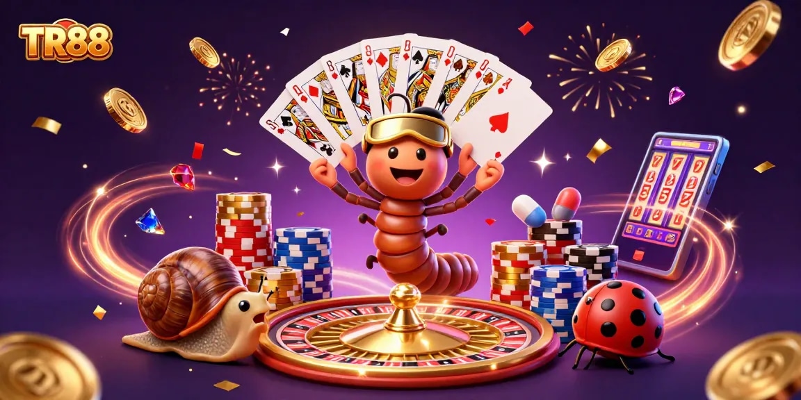 Experience TR88 excitement with playful characters and dynamic casino elements in a vibrant scene.