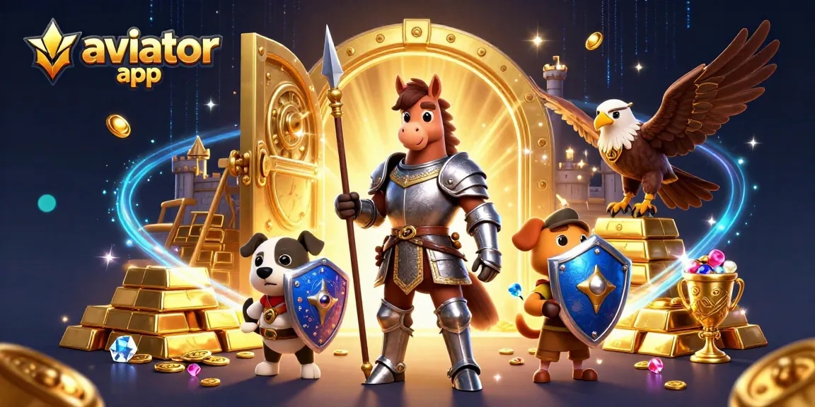 Experience the thrill of the aviator app with dynamic characters and golden treasures in this vibrant gaming illustration.