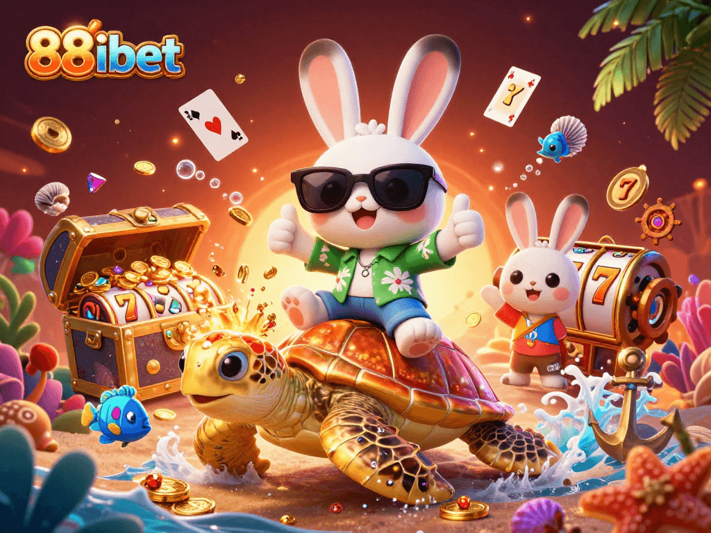 88ibet showcases a lively casino scene with characters and slot elements, perfect for online gaming experiences.