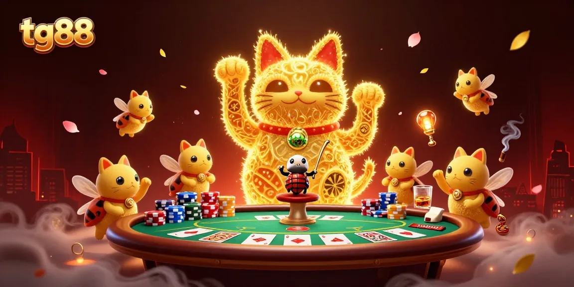 Engage with tg88's vibrant casino world, featuring golden fireflies and a lucky cat amidst poker thrills.