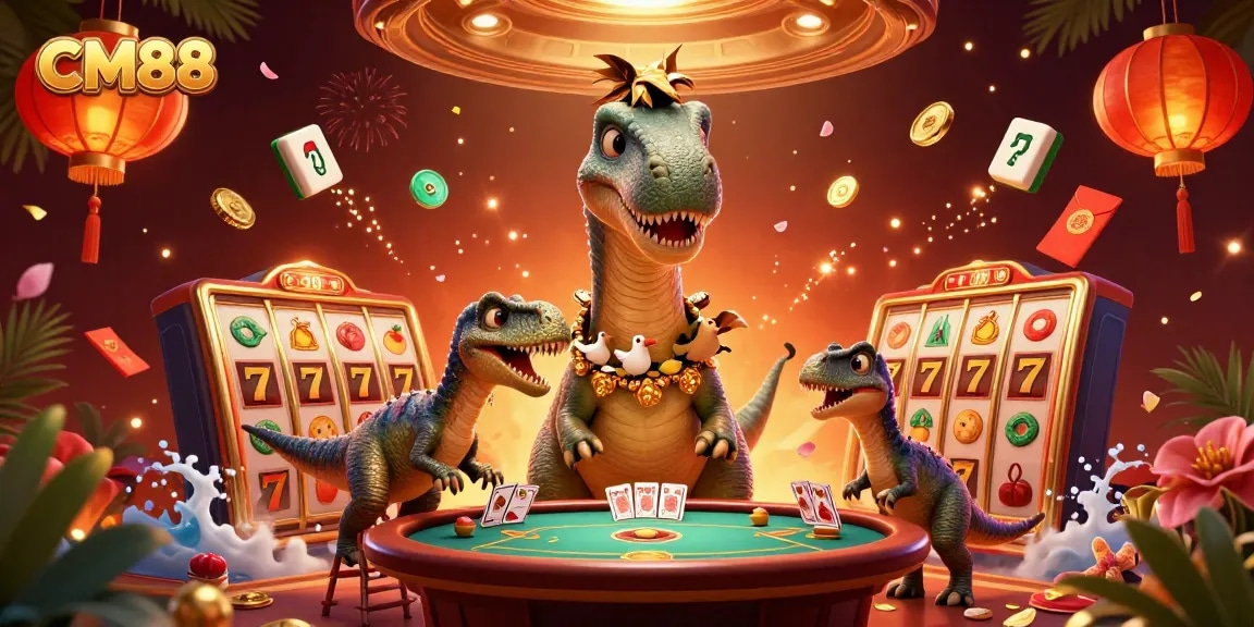 CM88 engages players with an exciting casino scene showcasing dynamic games, colors, and characters.