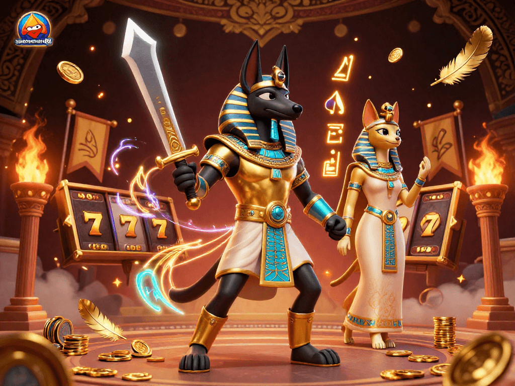 Win big with spaceman88's exciting slots, featuring Anubis and Bastet in a vibrant casino scene.