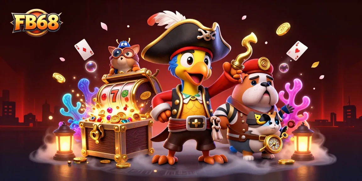 FB68 treasure hunt scene featuring vibrant pirate characters and exploding jackpots.