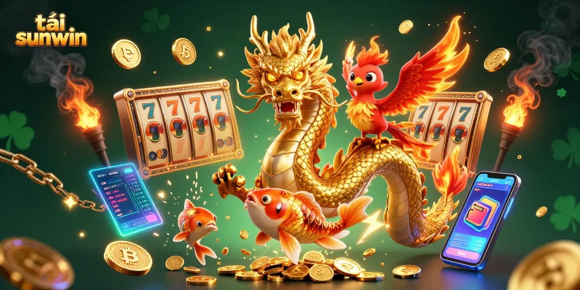 Experience the excitement of tải sunwin as golden koi and a vibrant dragon come alive amidst slot machines and rich rewards.