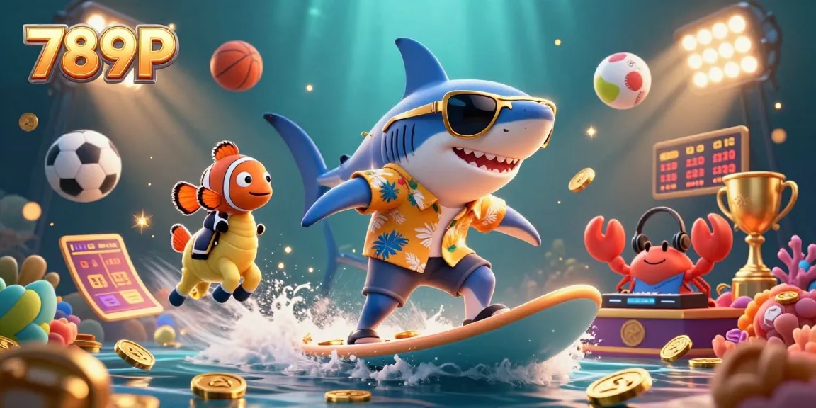 Experience winning fun at 789P with lively casino characters surfing on gold coins, surrounded by dynamic sports elements.