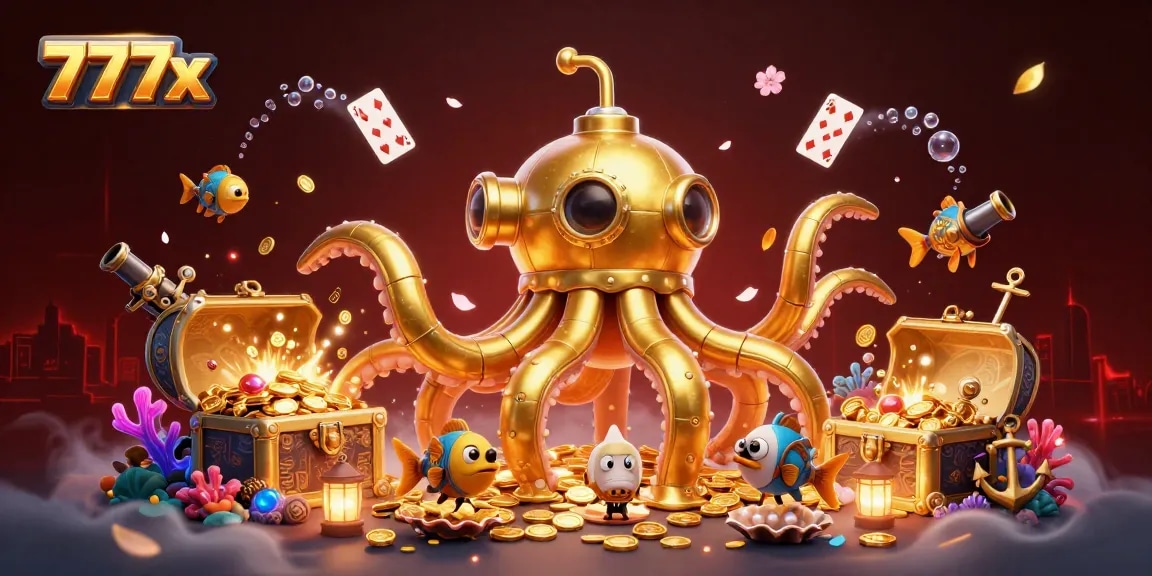 Experience the thrill of 777x with a golden kraken submarine, surrounded by treasures and playful elements.