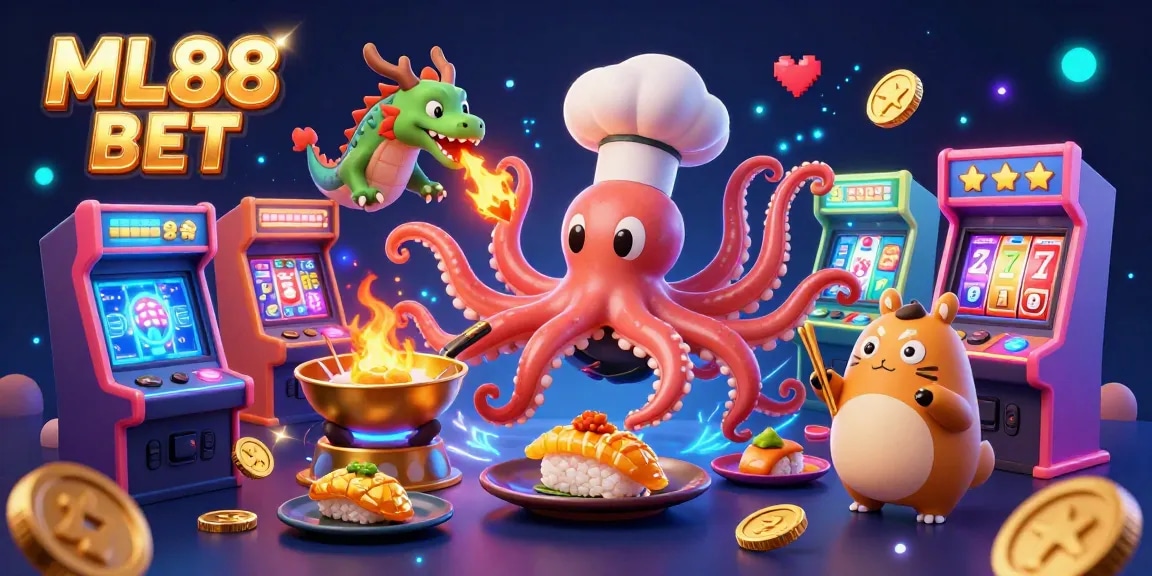 Join the fun with ML88 BET as an octopus chef and dragon serve casino delights in this vibrant illustration.