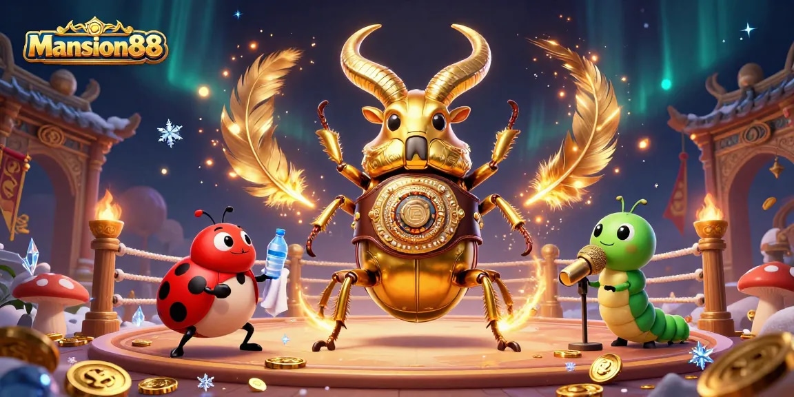 Mansion88 showcases intense betting excitement with a 3D golden stag beetle against a vibrant arena backdrop.