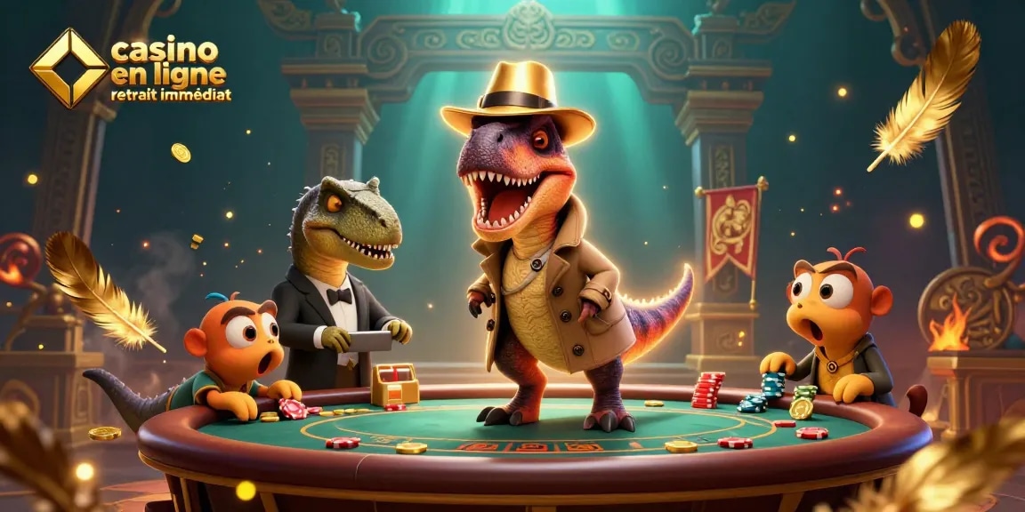 Casino en ligne retrait immédiat : Illustration dynamique de gains rapides avec un raptor comptant des cartes.
