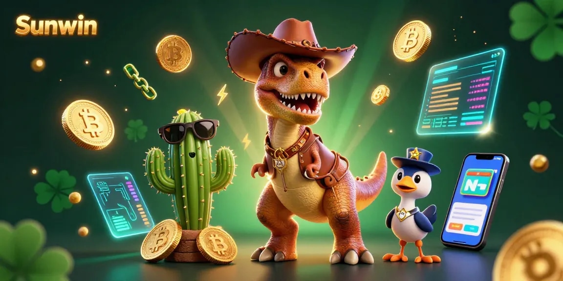 Sunwin engages players with an exciting 3D dinosaur-themed illustration showcasing vibrant casino elements.