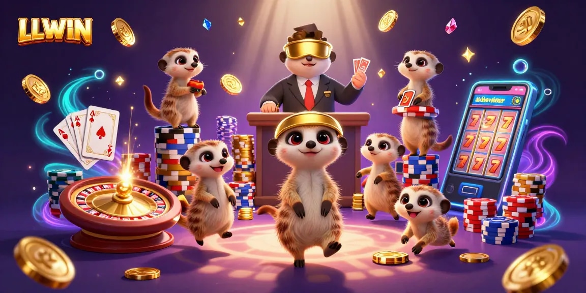 Experience LLWIN's vibrant casino adventure with meerkats in a lively gaming operation.