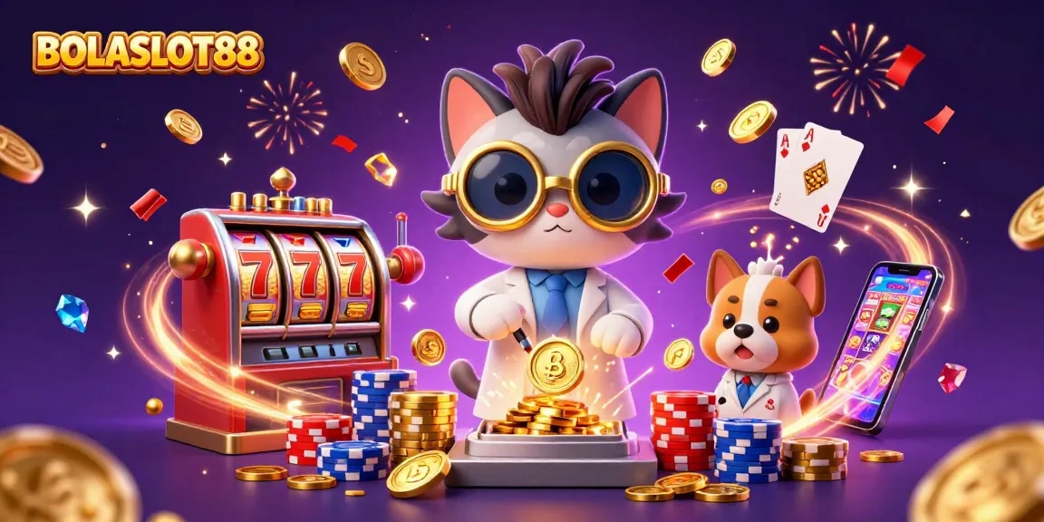 BOLASLOT88's vibrant digital illustration showcases a fun casino scene with thrilling slot machine action, celebrating wins.