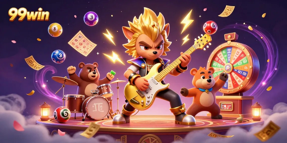 Experience the thrill of 99win with rock star characters, colorful lottery balls, and exciting casino elements.