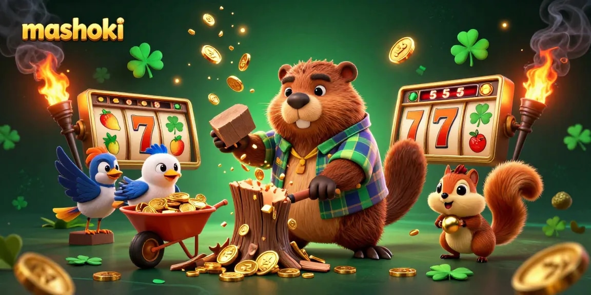 Experience mashoki excitement with a playful beaver and friends enjoying the slot-rich rewards of golden coins.