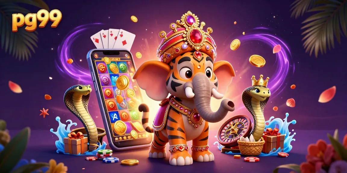 Spin to win with pg99, featuring a grand elephant and a royal tiger celebrating in a vibrant casino.