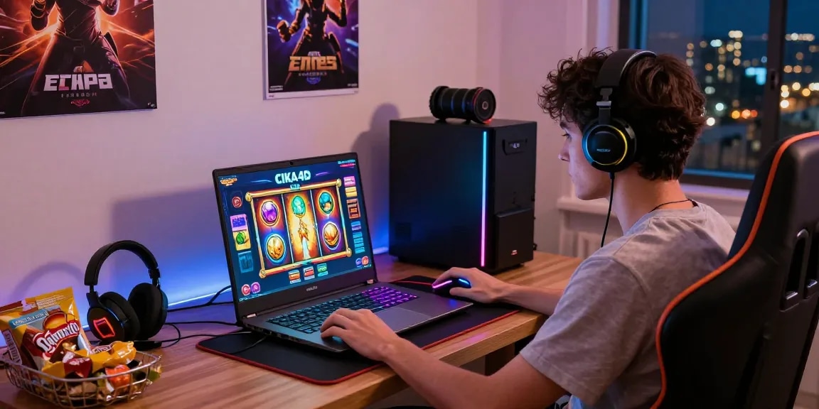 Enjoying CIKA4D digital slot games on a laptop with vibrant gaming setup.
