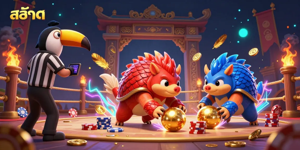 Spin the reels with สล็อต in this vibrant 3D illustration of pangolins and casino elements.