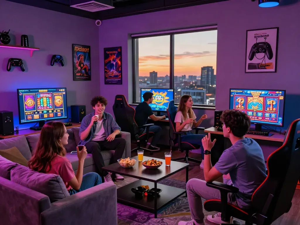Friends enjoying a fun gaming night playing slot online in a vibrant lounge with snacks and drinks.