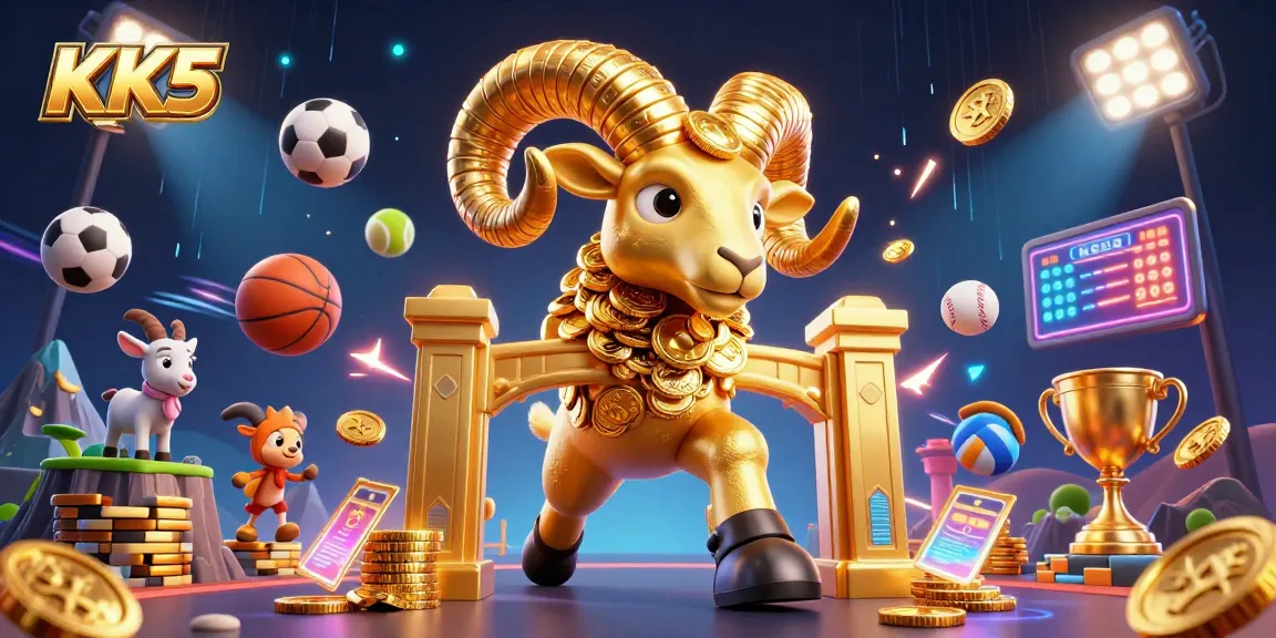 Experience high-stakes action with KK5's dynamic 3D casino illustration featuring a golden ram charging through a vibrant gambling scene.