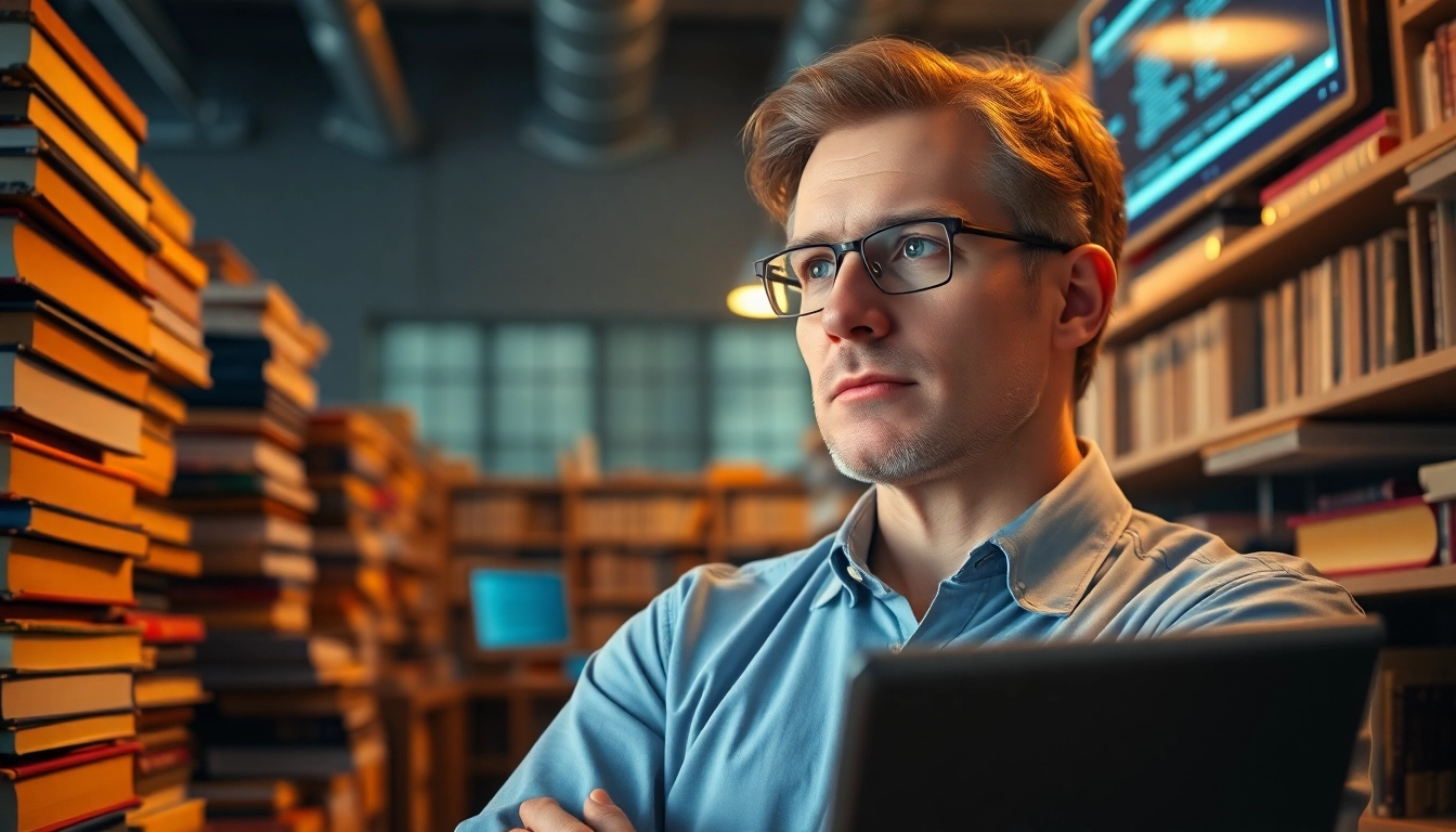 The study of internet history through books and digital technology in a cozy library setting.