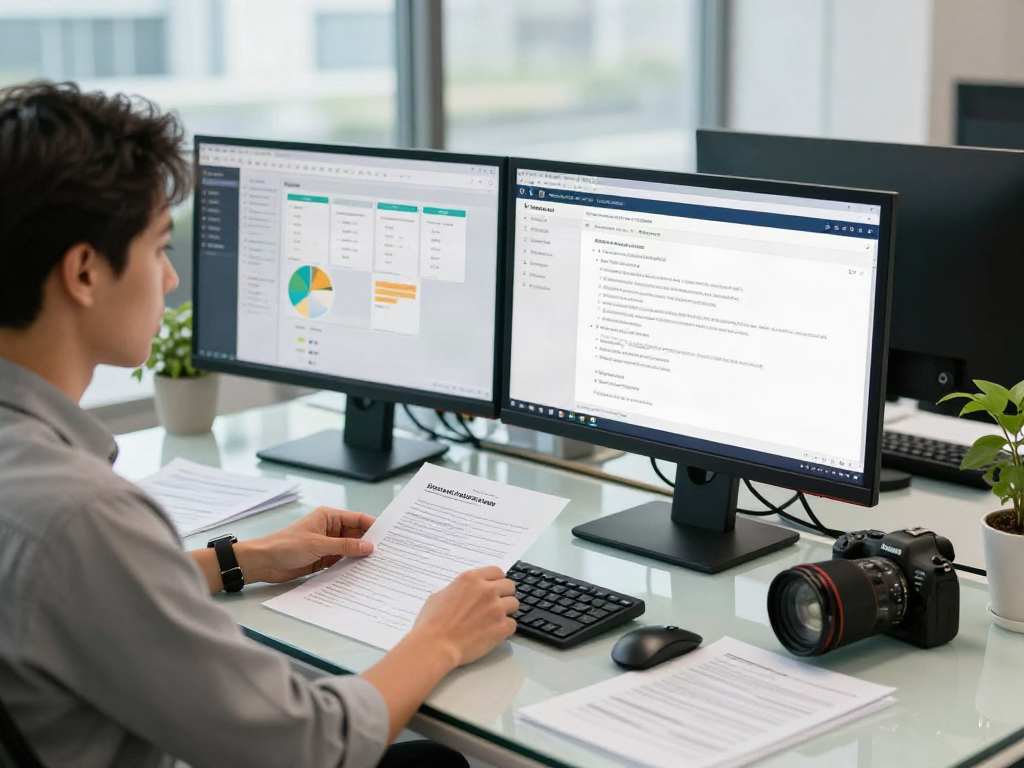Document fraud detection solution analyzed in a high-tech office with screens displaying analytics charts.
