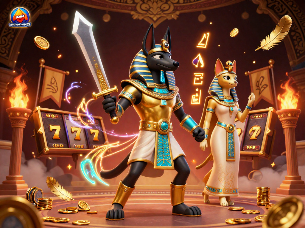 Win big with spaceman88's exciting slots, featuring Anubis and Bastet in a vibrant casino scene.