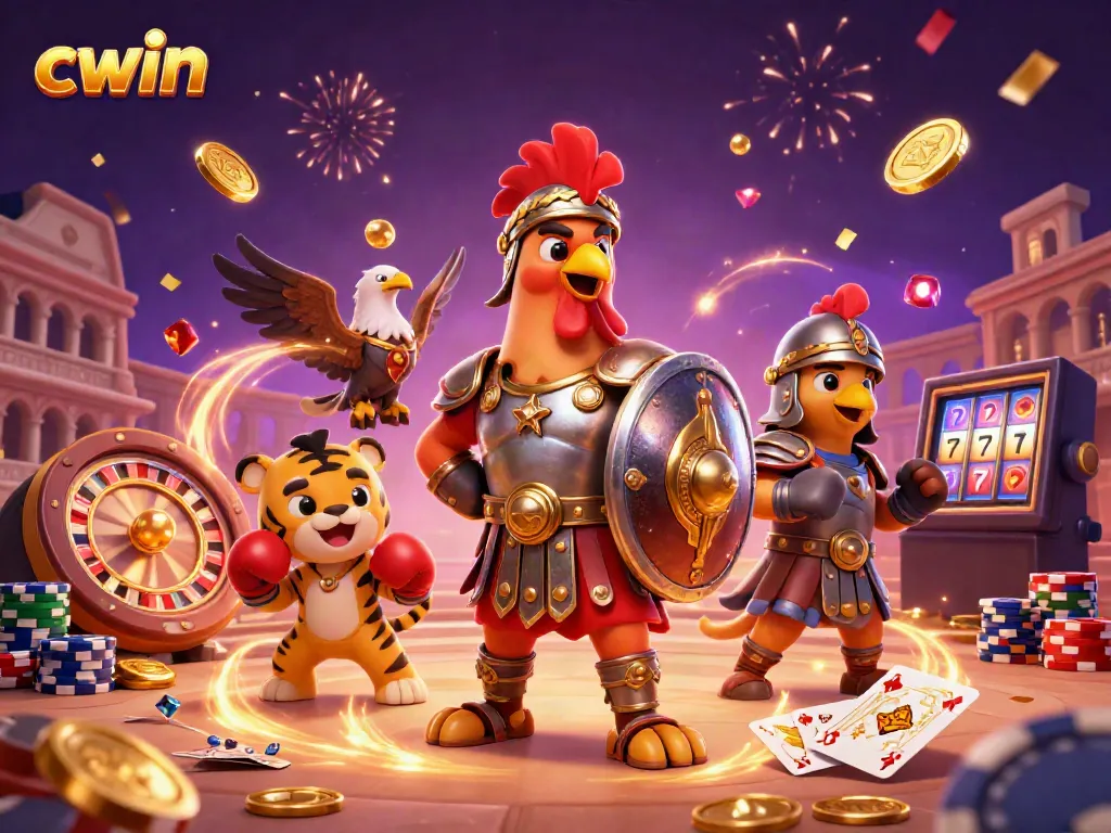 Experience excitement with cwin at an immersive casino illustration featuring a rooster, tiger cub, and eagle.