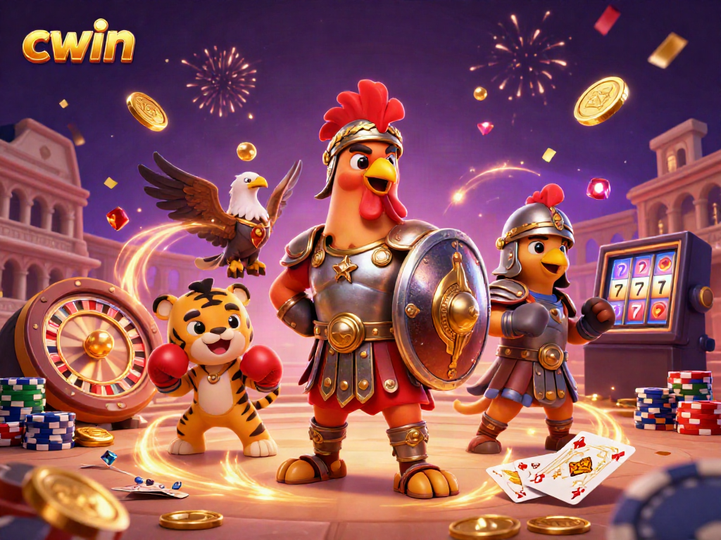 Experience excitement with cwin at an immersive casino illustration featuring a rooster, tiger cub, and eagle.