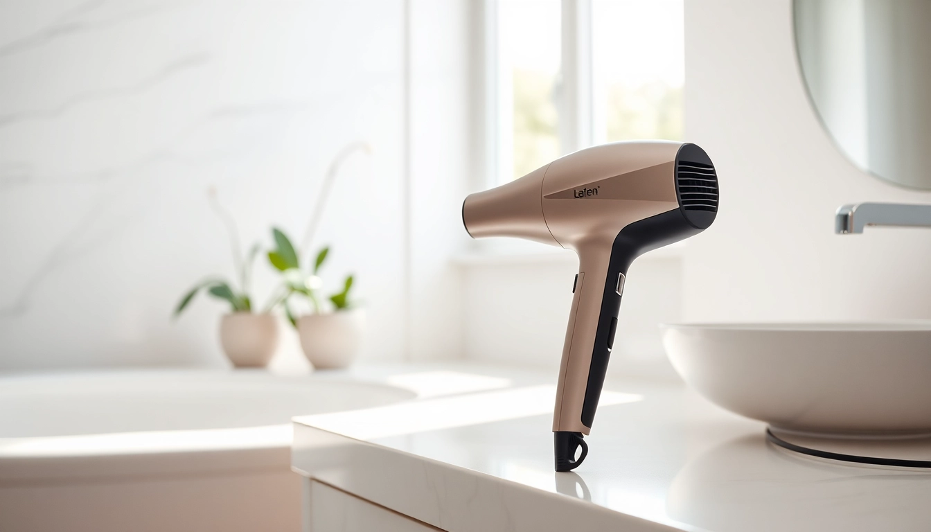 Stylish Laifen hair dryer showcased in a bright bathroom setting, highlighting its modern design.