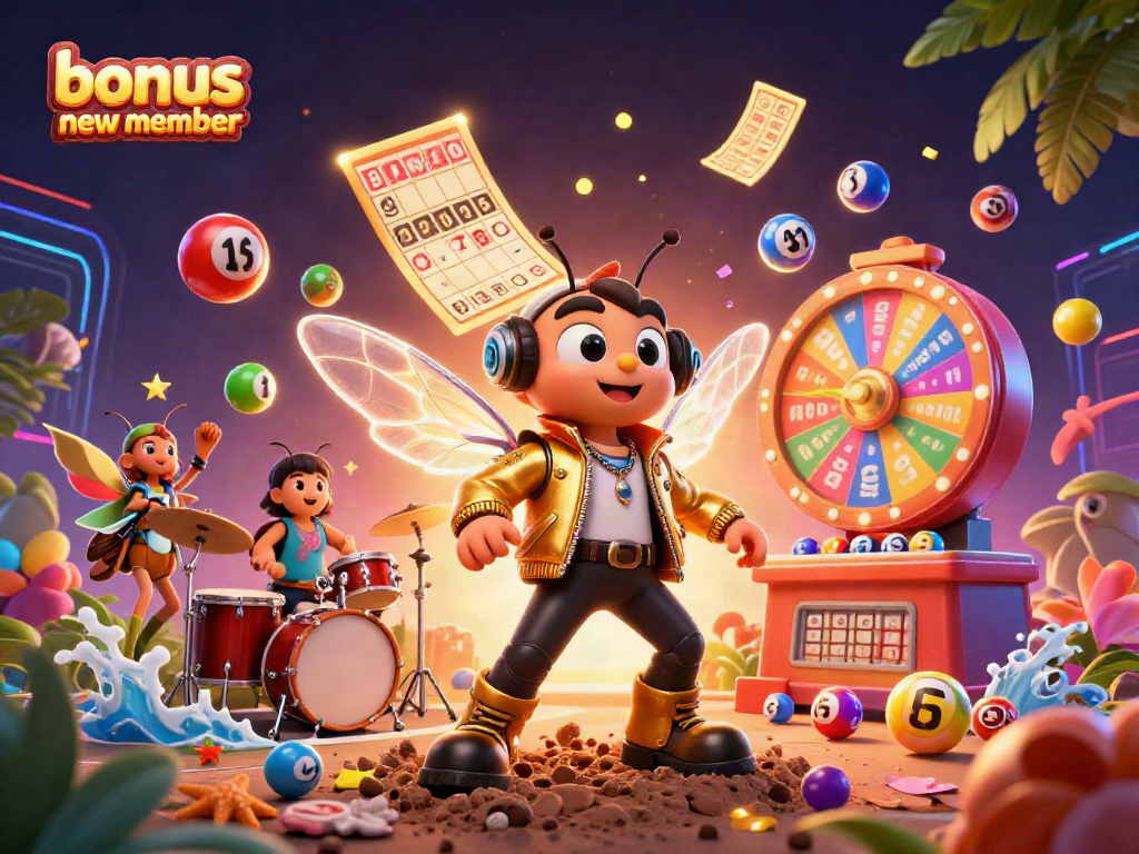 Win with the bonus new member offer in a lively casino scene featuring animated characters and lottery elements.