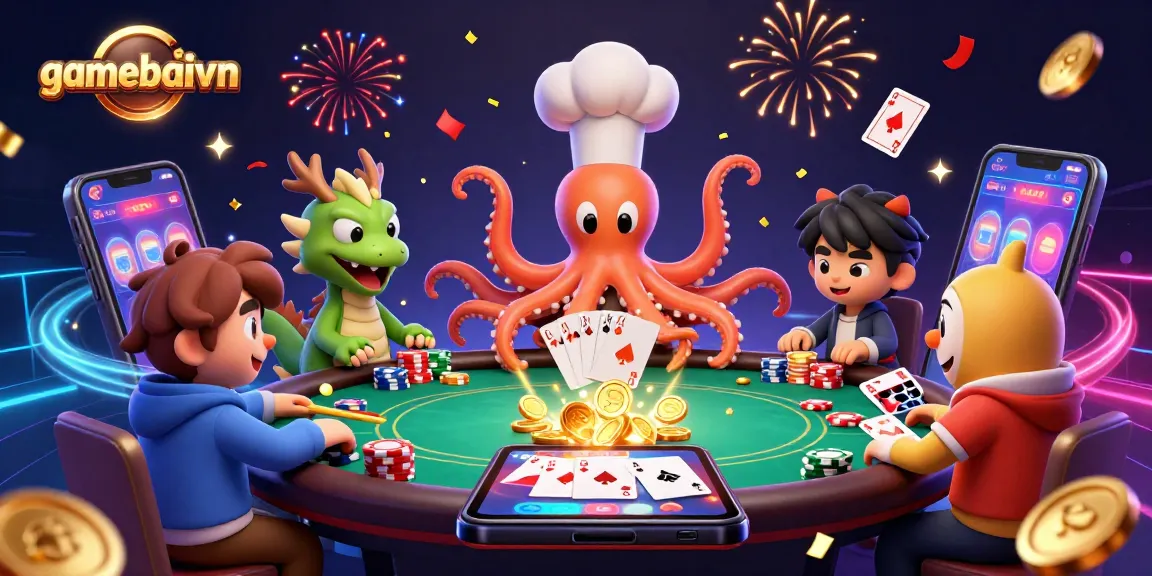 Engage in thrilling poker strategies with gamebaivn's animated characters and vibrant casino action.