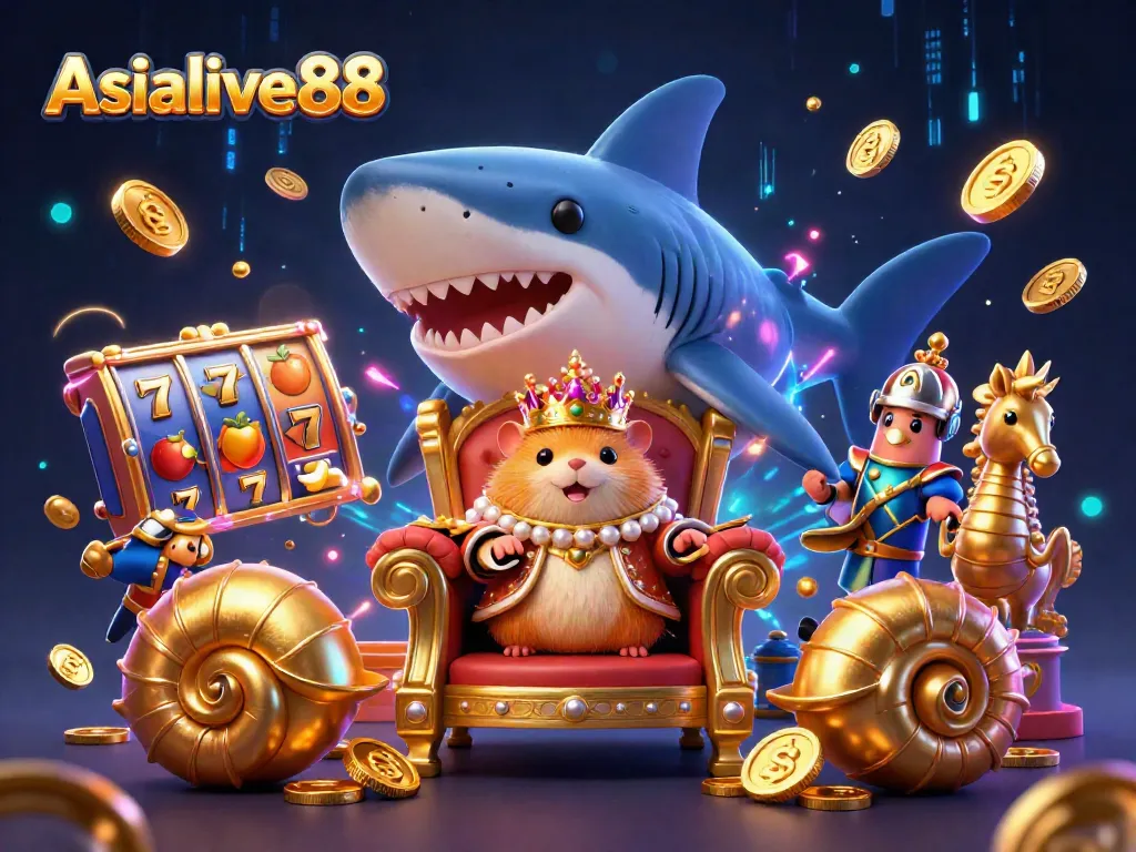 Engage with Asialive88 through an immersive illustration featuring a throne made of shark teeth and a hamster king.